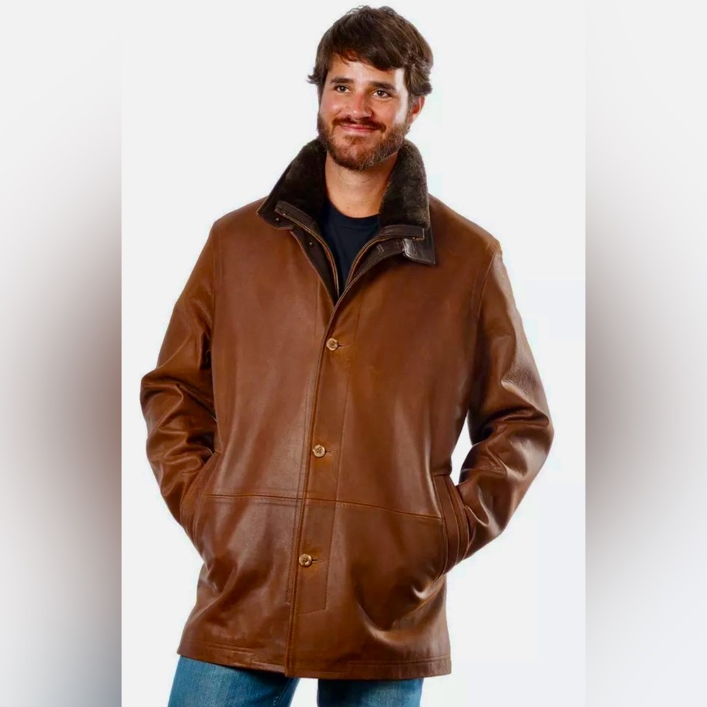 Men's Remy brown shearling fur collar zipper button up leather jacket $1,500!!!